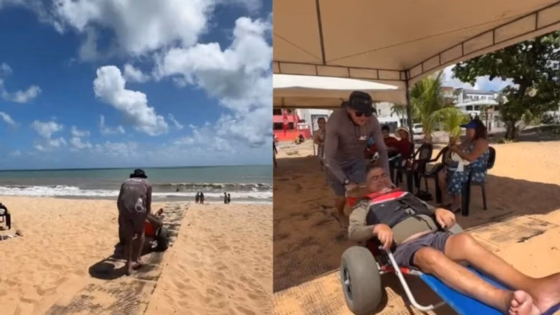 Turista com deficiência se emociona ao conseguir entrar no mar em João Pessoa