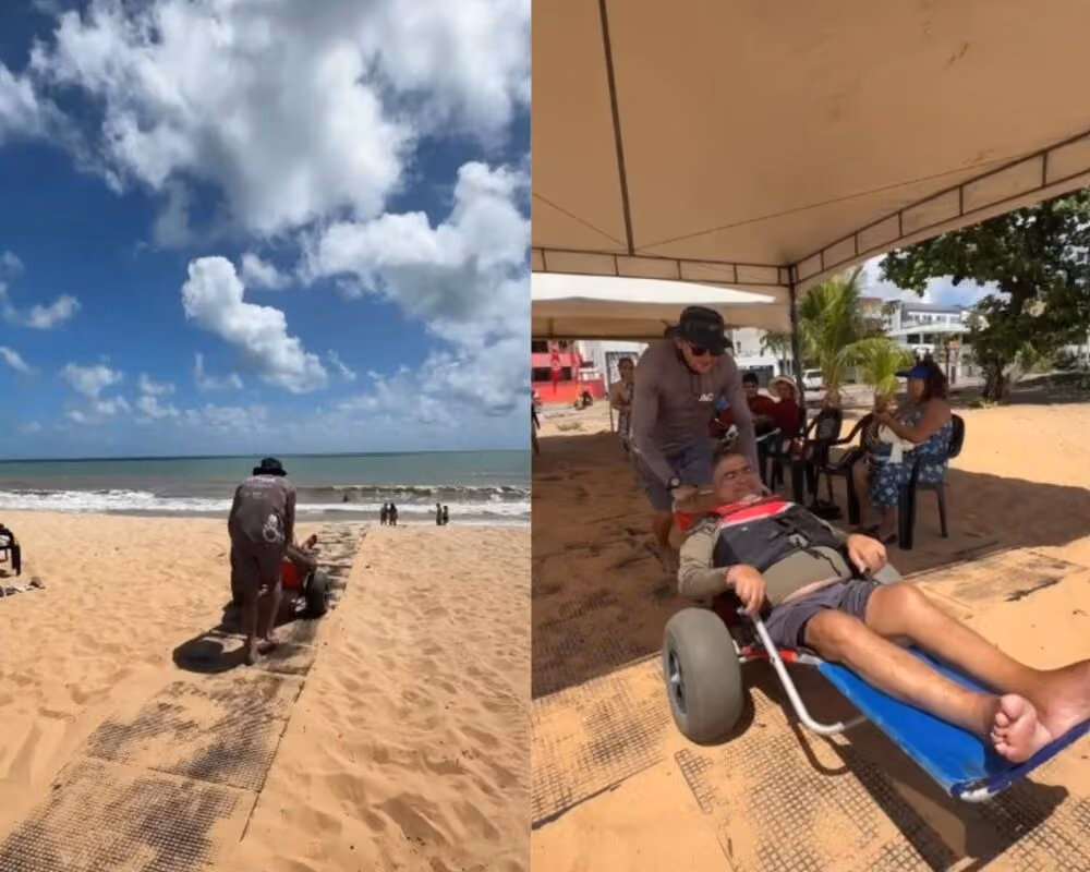 Turista com deficiência se emociona ao conseguir entrar no mar em João Pessoa